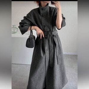 NWT Elegant Gray Long Coat with Belt Loose Casual Coat for women size 0